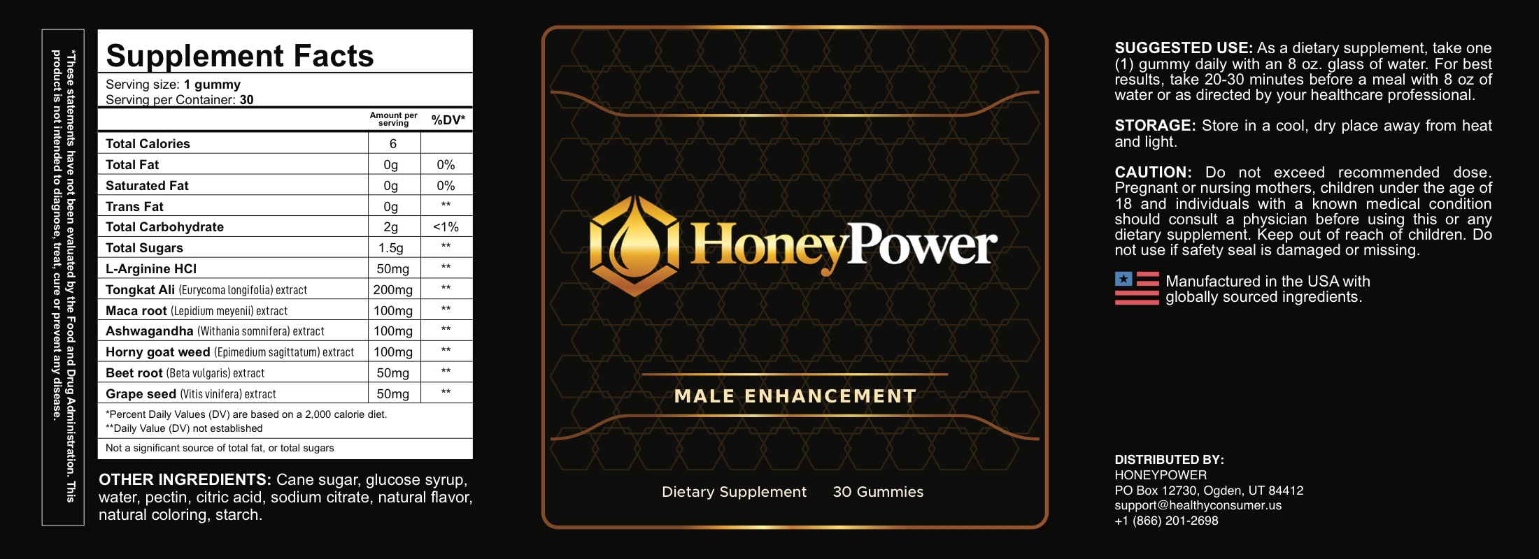 HoneyPower Gummies label with Supplement Facts, suggested use and storage